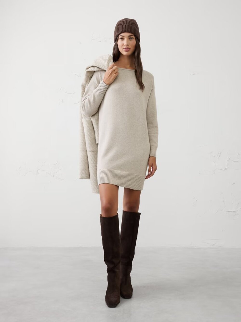 NWT Banana Republic Boatneck Mini Sweater Dress Taupe XL